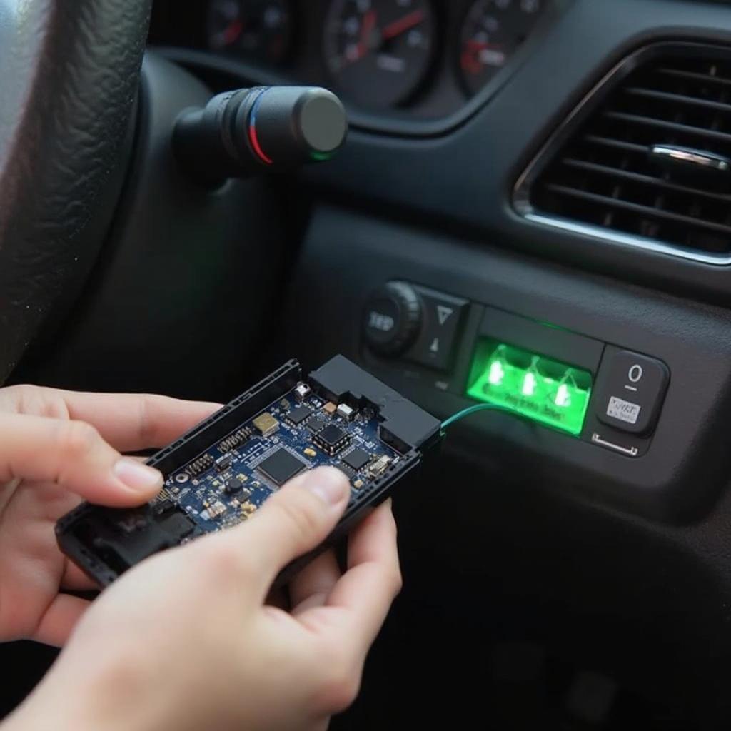 A person connecting an ELM327 OBD2 WiFi reader to their car