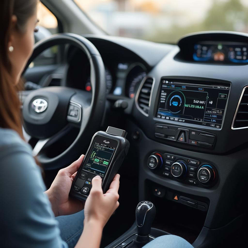 A person using the Autophix OM126 OBD2 scanner