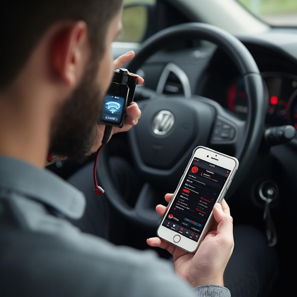 Person Using ELM327 OBD2 Scanner and iPhone to Diagnose Car