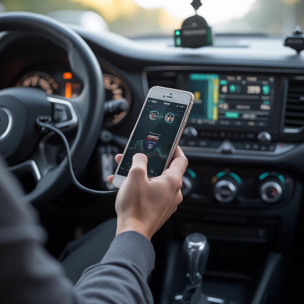 Person Using OBD2 Scanner and Smartphone in Car