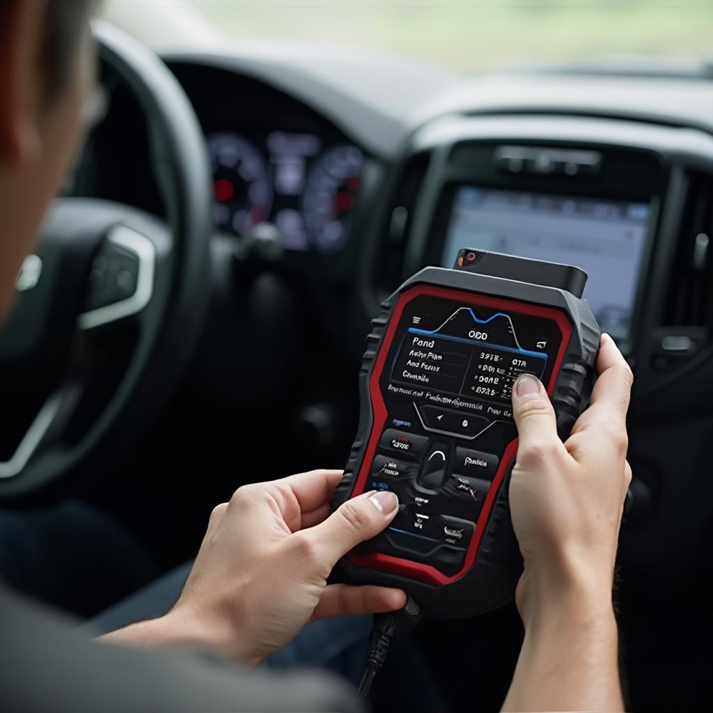 Person Using OBD2 Scanner on Car