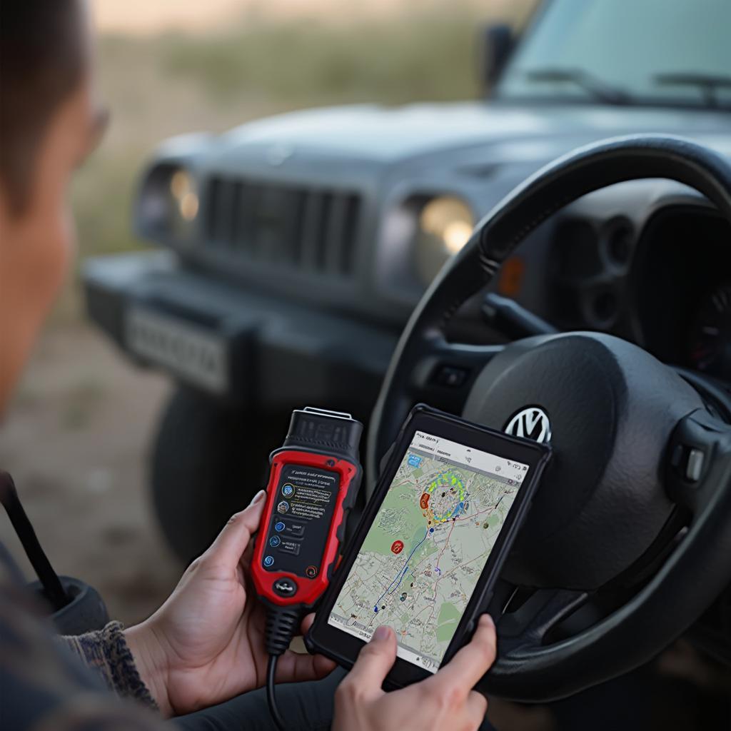 Person Using OBD2 Scanner on Off-road Vehicle