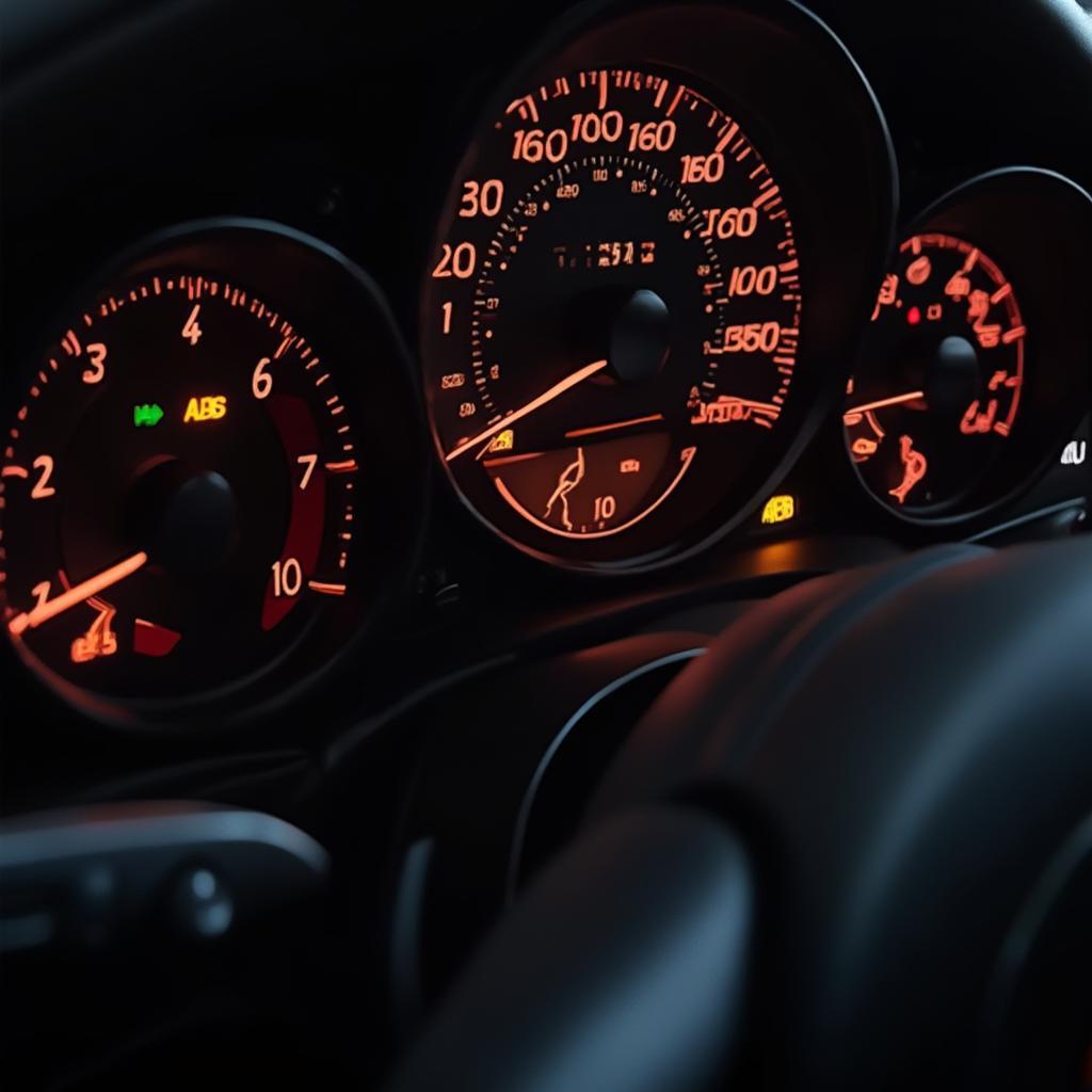 Porsche dashboard displaying various warning lights