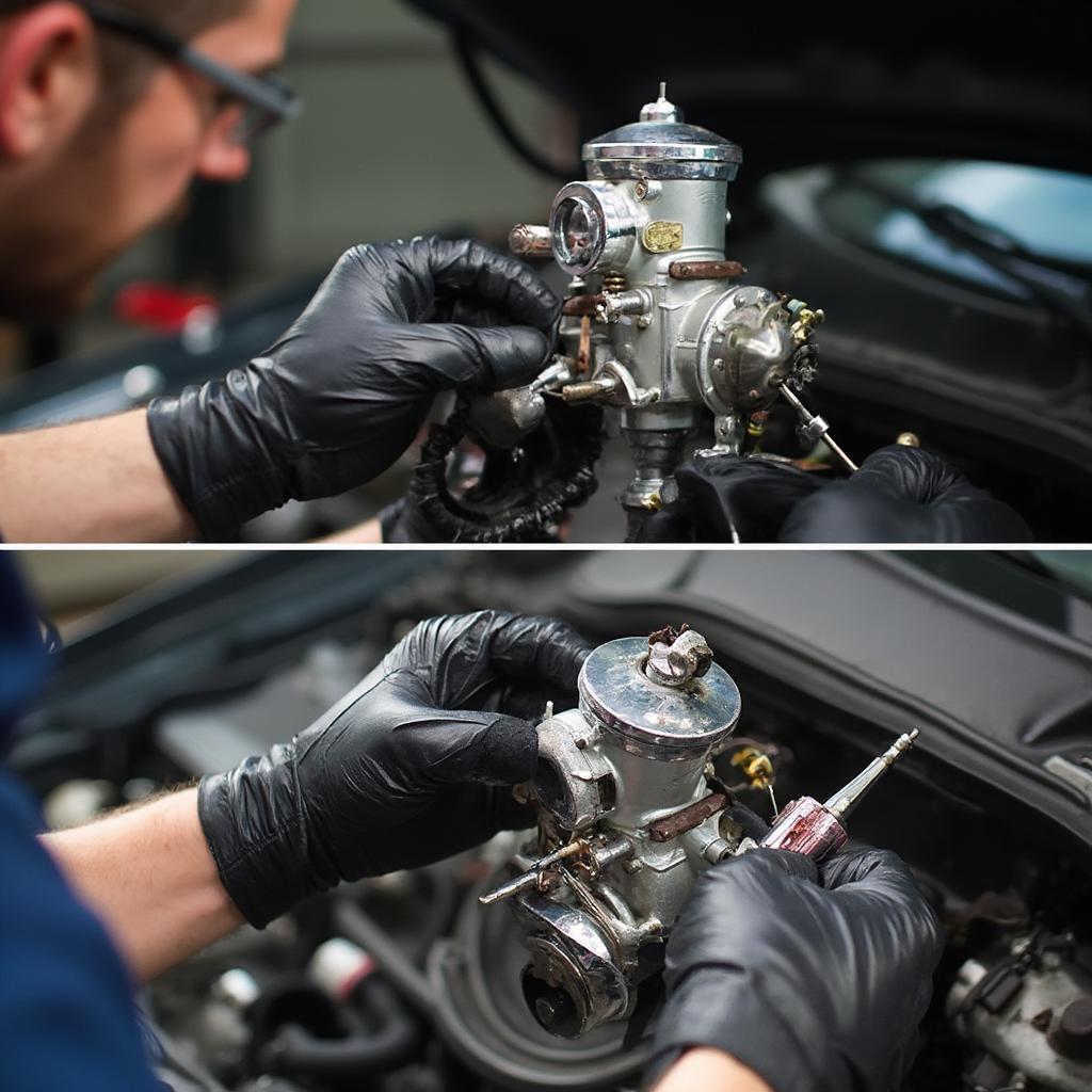 Pre-OBD2 Carburetor Repair: A mechanic working on a carburetor from an older vehicle