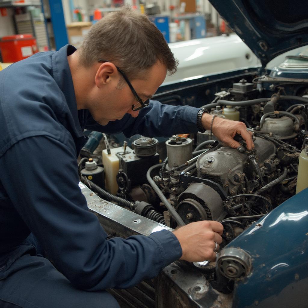 Pre-OBD2 Engine Maintenance: A mechanic performing a routine maintenance check on an older vehicle's engine