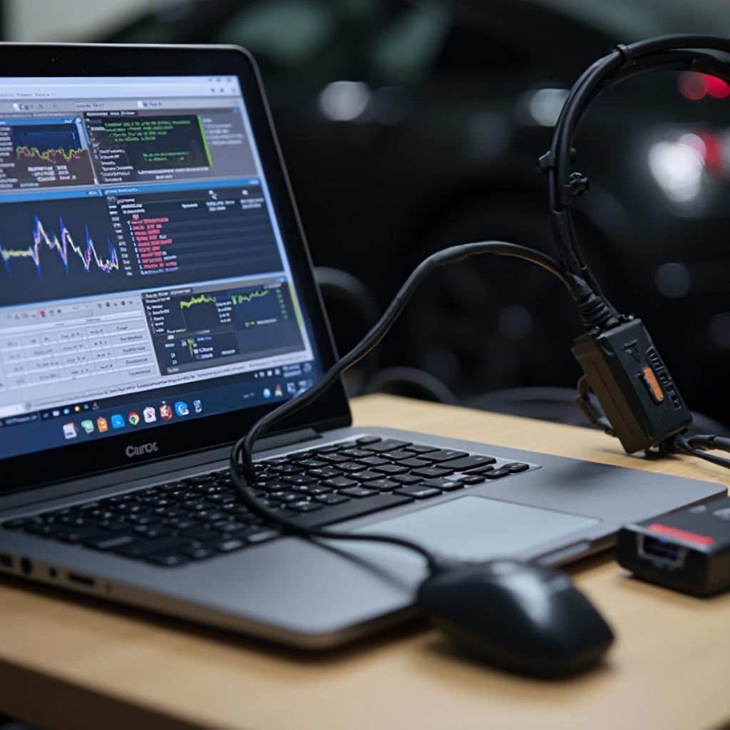 Equipment used for professional car tuning including a laptop, interface cable, and wideband sensor.