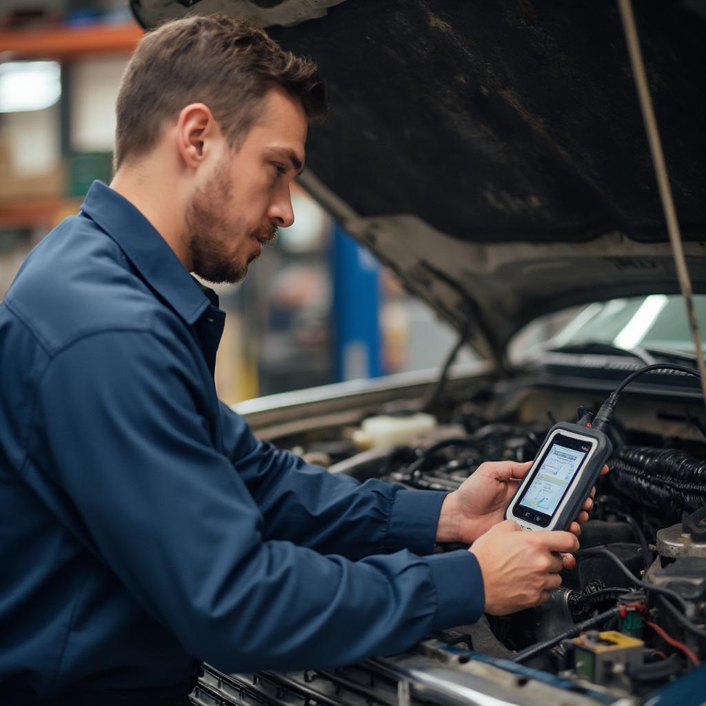 Professional Diagnosing a Car with OBD2 Scanner