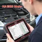 A mechanic using the KW808 OBD2 scanner to diagnose a car engine issue