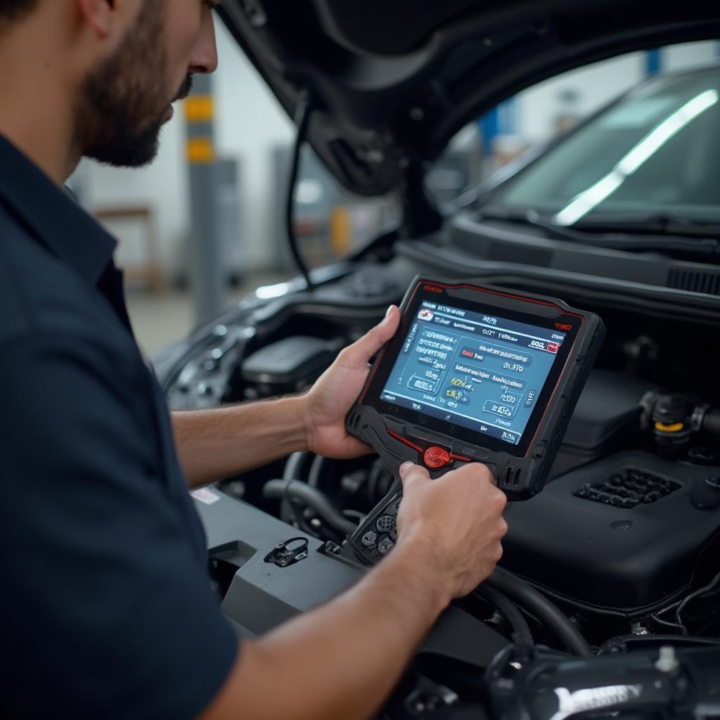 Professional Mechanic Diagnosing Car