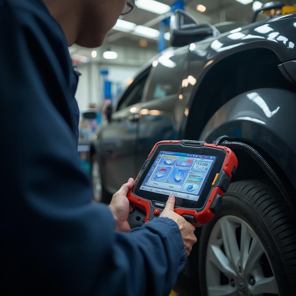 Professional Mechanic using an Advanced Diagnostic Tool in a Workshop