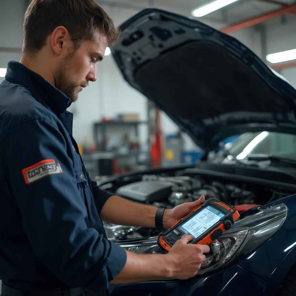 Professional Mechanic Using OBD2 Scanner on a Vehicle