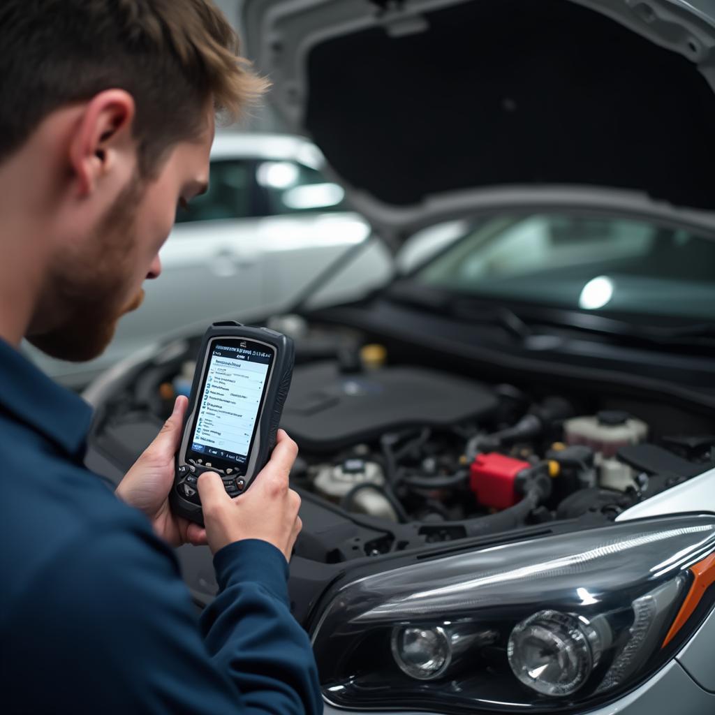 Mechanic Reading OBD2 Codes with a Scanner