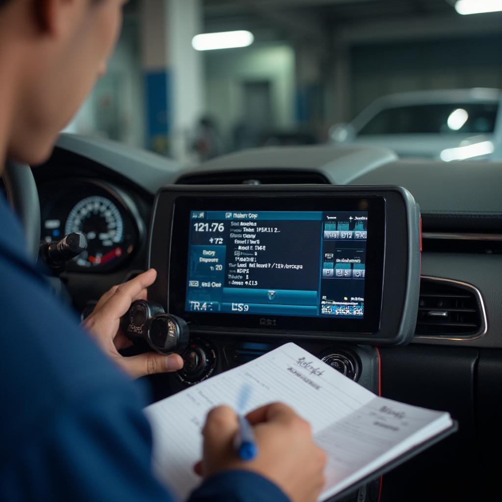 Technician reading OBD2 codes on a hybrid vehicle's scanner