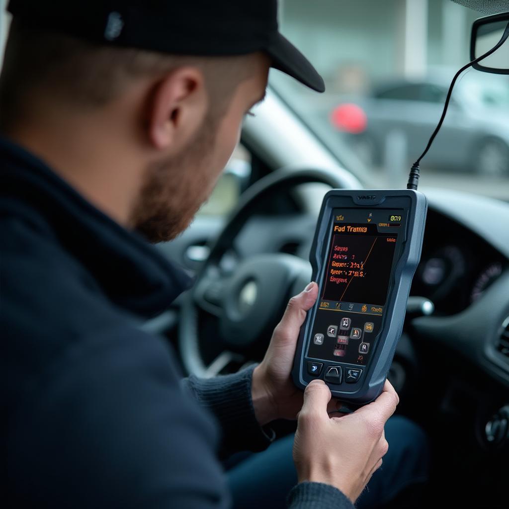 Mechanic reading OBD2 codes from a Renault Vel Satis