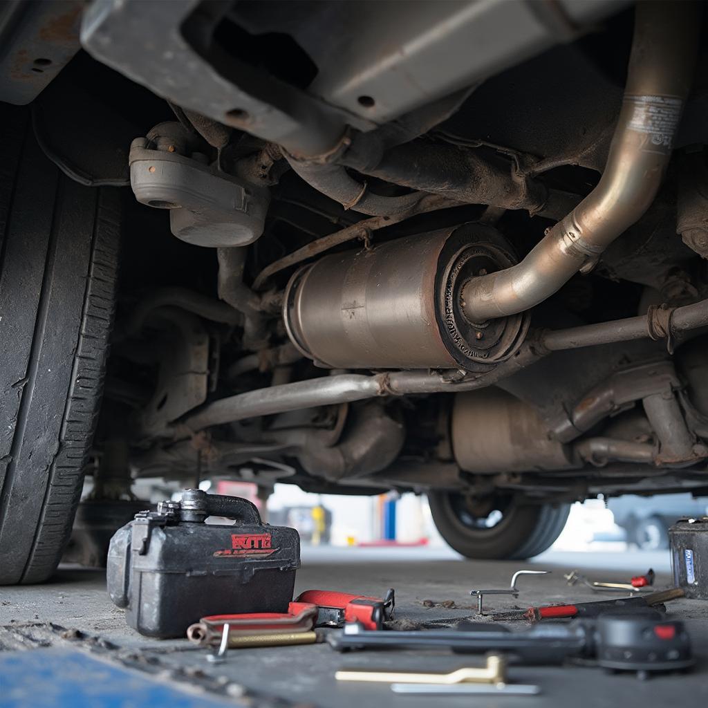 Replacing a Catalytic Converter: Mechanic Working on Exhaust System