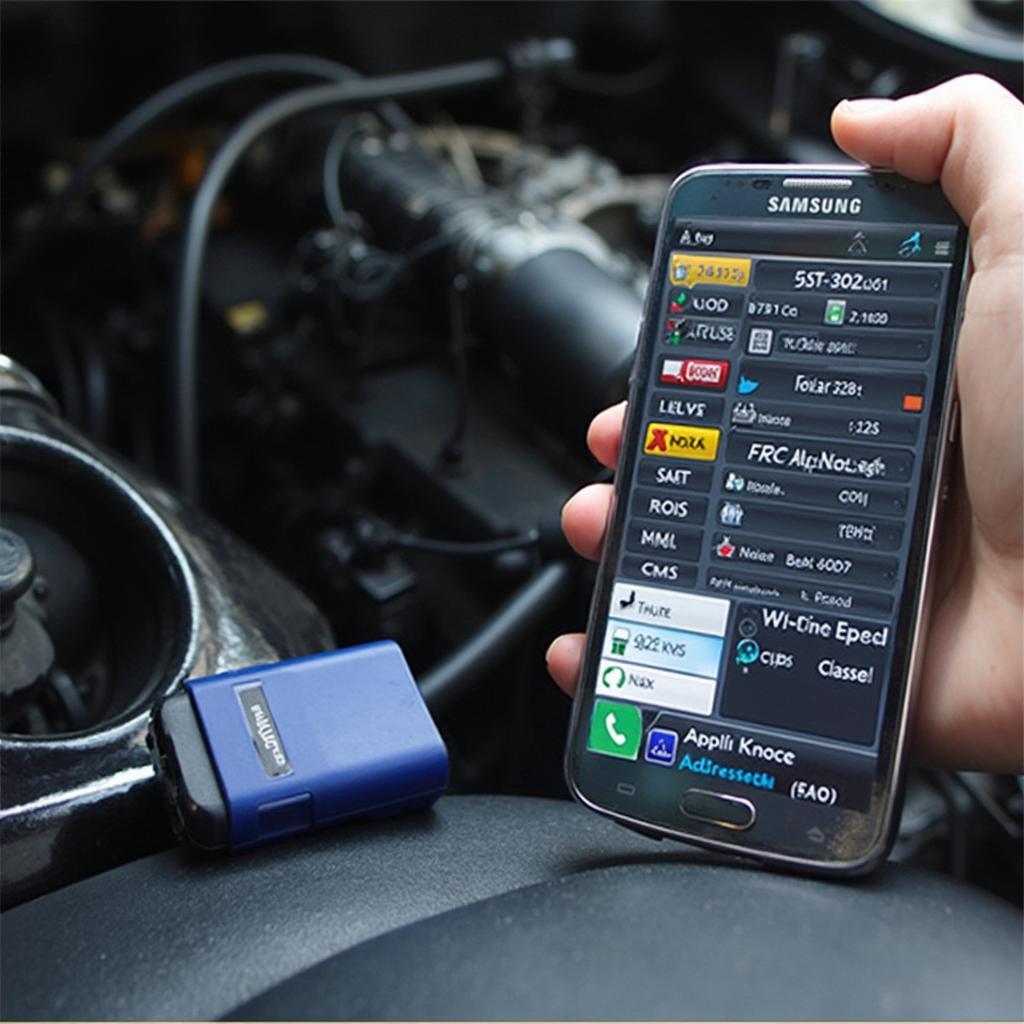 Samsung Galaxy S5 connected to a car's OBD2 port via a Bluetooth adapter.