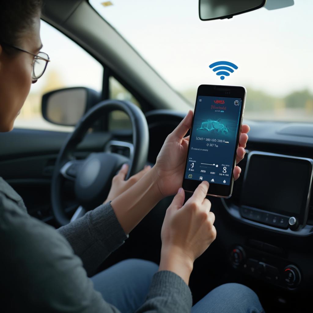 A person using a smartphone with an OBD2 app connected to their smart car.