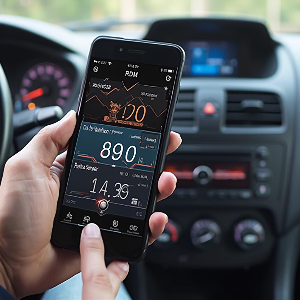 Smartphone Displaying Diesel Engine Data from OBD2 Scanner