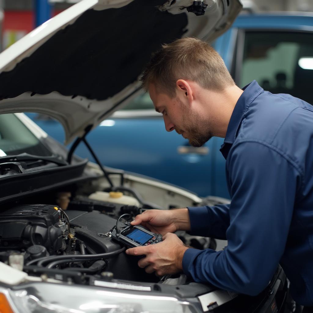 Mechanic Inspecting Subaru 2012 Forester Engine