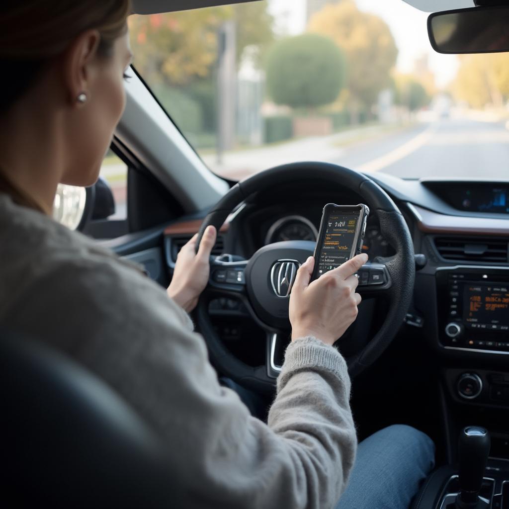 A person using the ThinkOBD 100 OBD2 Code Reader inside their car.