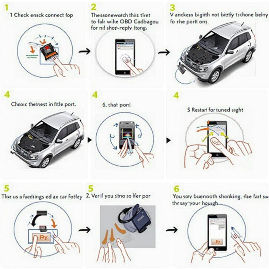 Troubleshooting steps for car scanner ELM OBD2 cellphone connection problems, like checking OBD2 port, Bluetooth connection, and phone/car restart.