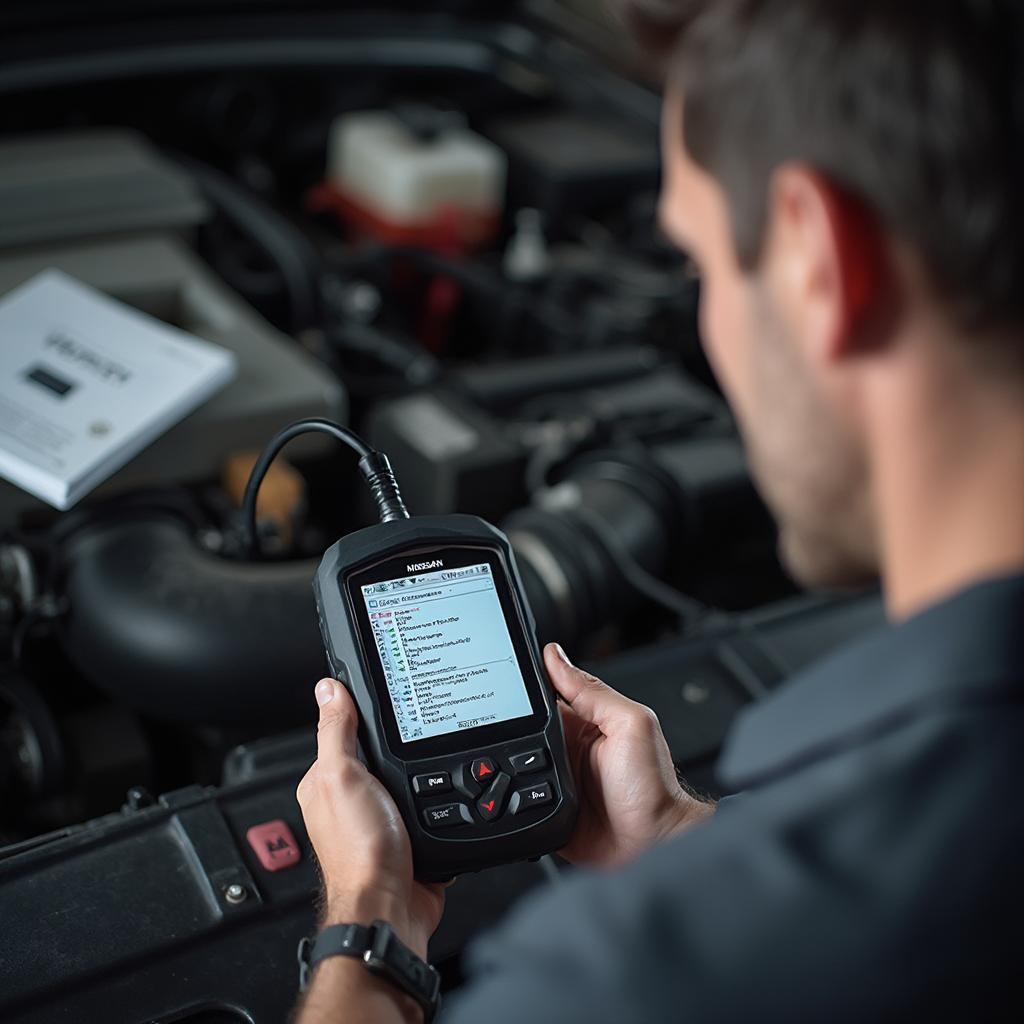 Mechanic Troubleshooting Nissan OBD2 Codes with a Scanner