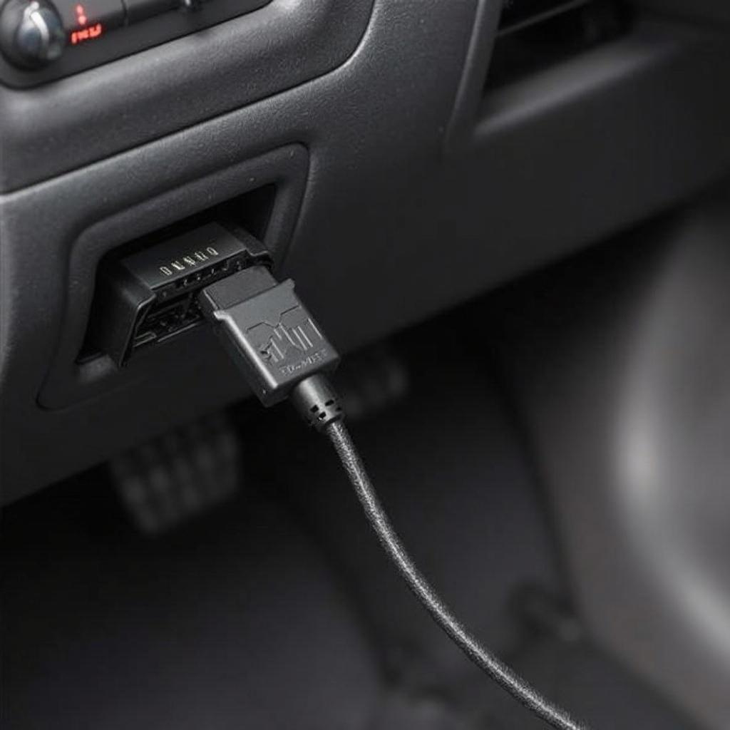 USB to OBD2 cable connected to a car's OBD2 port