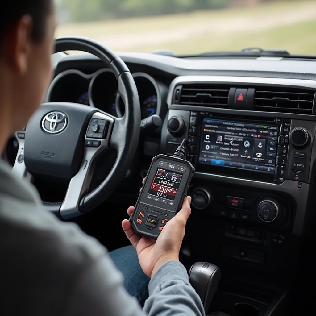 Using a 4Runner OBD2 Scanner to Diagnose a Check Engine Light:  A person connecting an OBD2 scanner to their 4Runner to identify the cause of an illuminated check engine light.