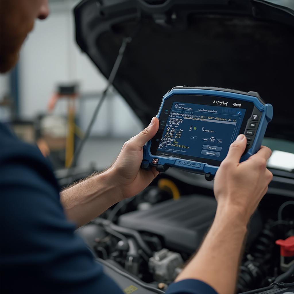 Technician using 571hd OBD2 OBDII scanner to read diagnostic trouble codes