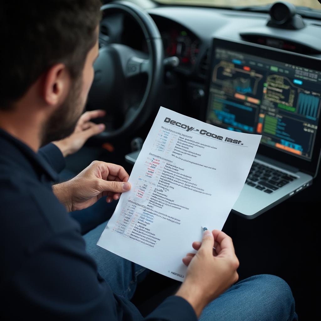 Mechanic using an OBD2 code list to diagnose a car problem