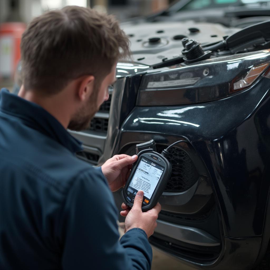 Mechanic using an OBD2 scanner on a vehicle