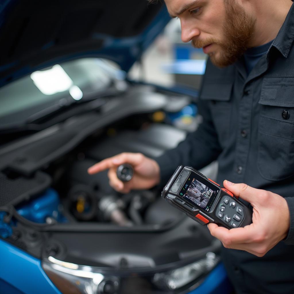 Mechanic Using V519 OBD2 Scanner to Diagnose Car Problems