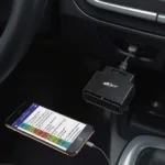 Vgate ELM327 Bluetooth OBD2 scanner plugged into the OBD2 port of a car, with a smartphone displaying diagnostic data.