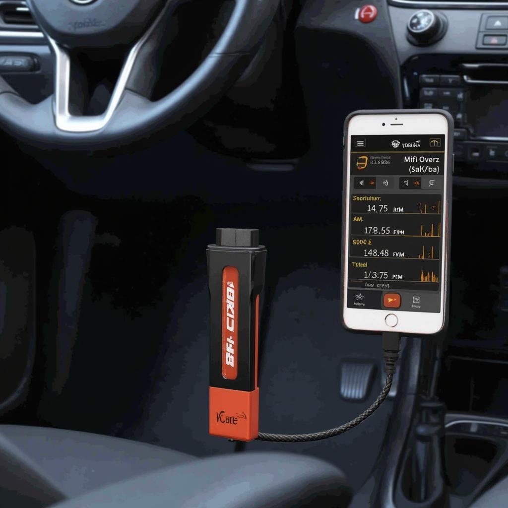 Vgate iCar2 Bluetooth Wifi OBD2 scanner plugged into a car's OBD2 port, connected to a smartphone.