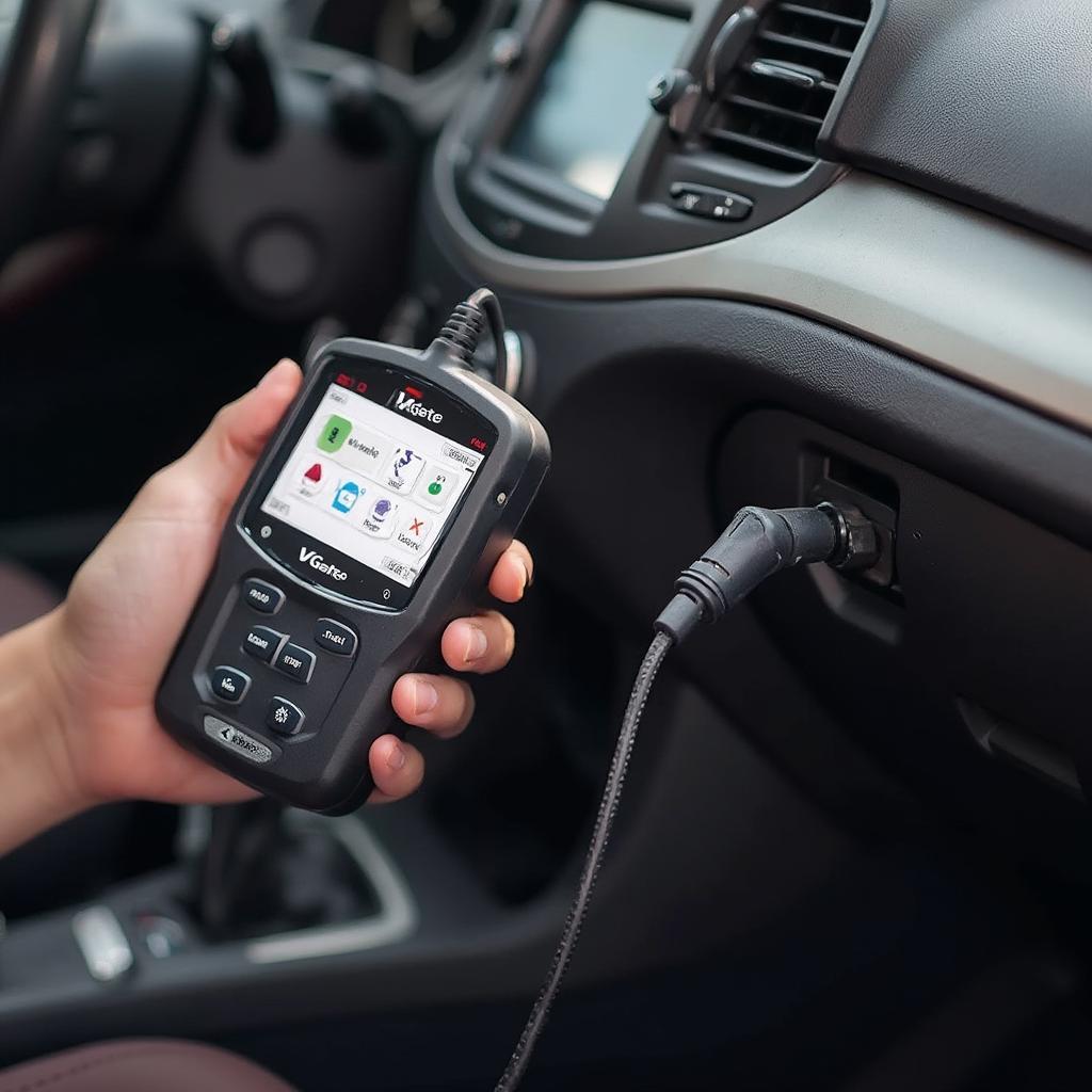 Vgate Scanner Connected to Car OBD2 Port