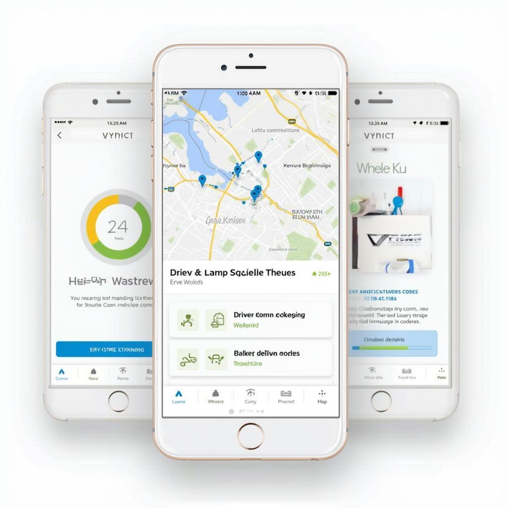 Smartphone displaying the Vyncs OBD2 app interface with various features like location tracking, driver score, and vehicle diagnostics.