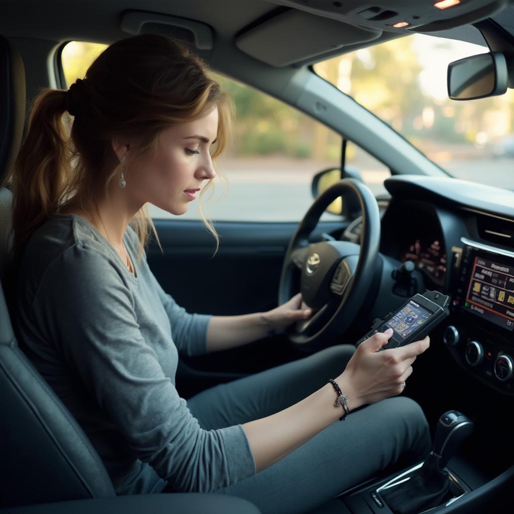 Woman Using an OBD2 Scanner on Her Toyota Corolla