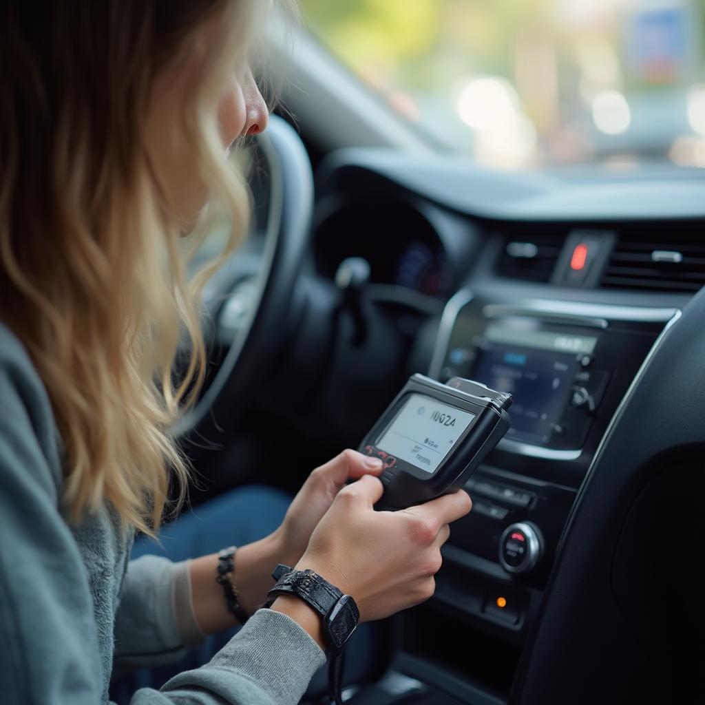 Woman Using an OBD2 Scanner on Her Car