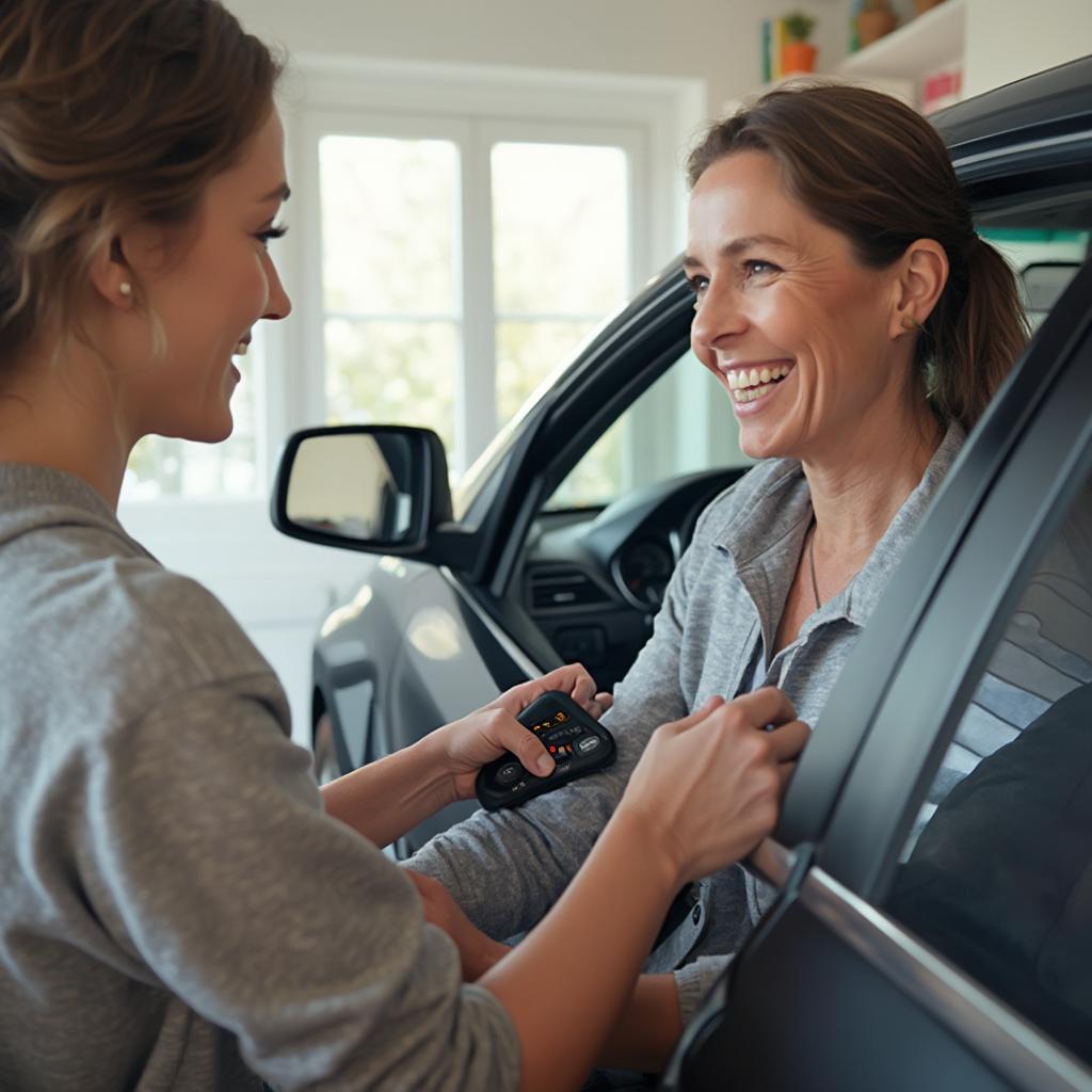 Woman using an OBD2 scanner on her car at home