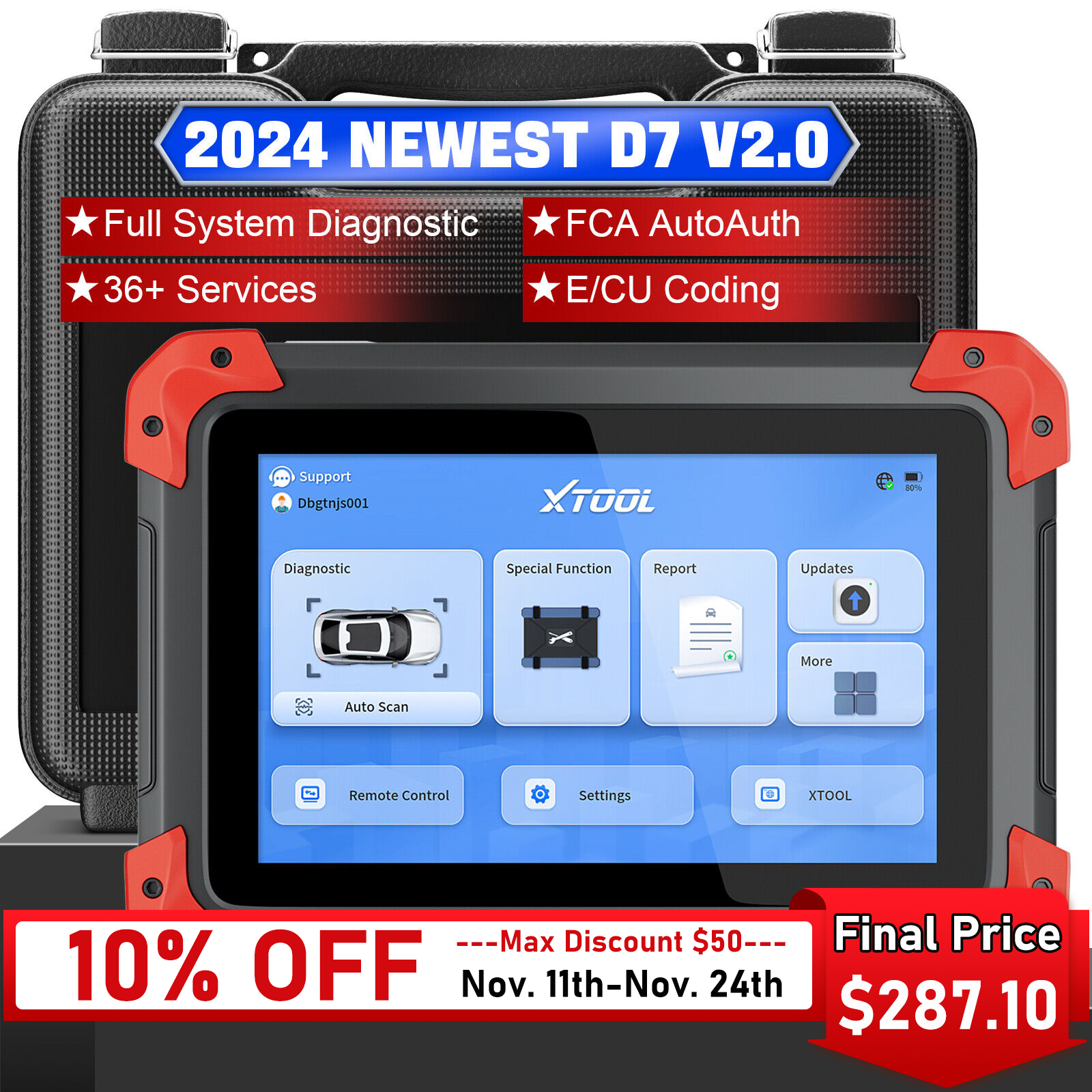 XTOOL D7 Bidirectional OBD2 Full System Scanner 2024 V2.0 With FCA Autoauth