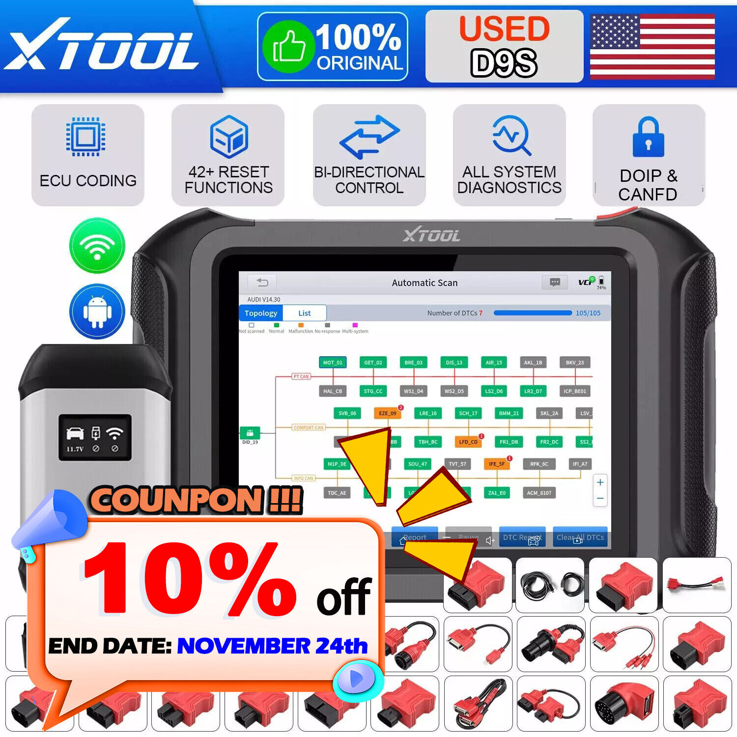 XTOOL USED D9S Auto OBD2 Bidirectional Scanner Full System Diagnostic DOIP Tool