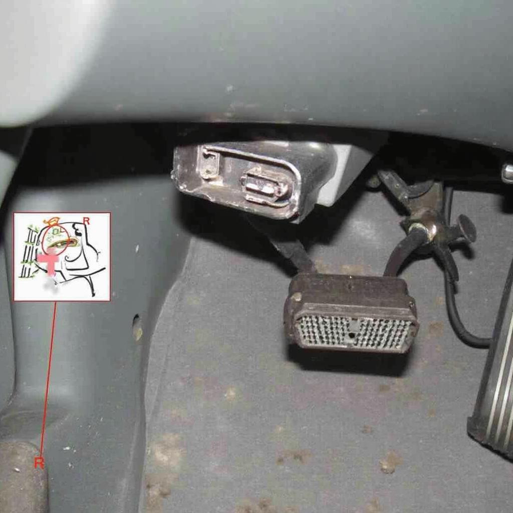 2001 Kia Rio OBD2 port location under the dashboard on the driver's side.