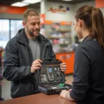 AutoZone's OBD2 Scanner Loaner Program: A customer borrowing an OBD2 scanner from an AutoZone store.