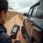 Using a BAFX OBD2 scanner to diagnose a vehicle issue during an overland trip.