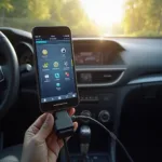 An Android phone connected to an OBD2 scanner plugged into a car's OBD2 port