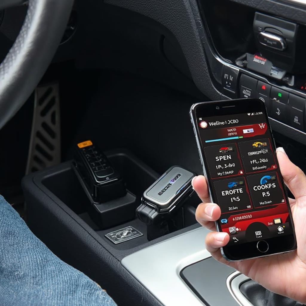 OBD2 scanner connected to a car's OBD port and displaying data on an Android phone