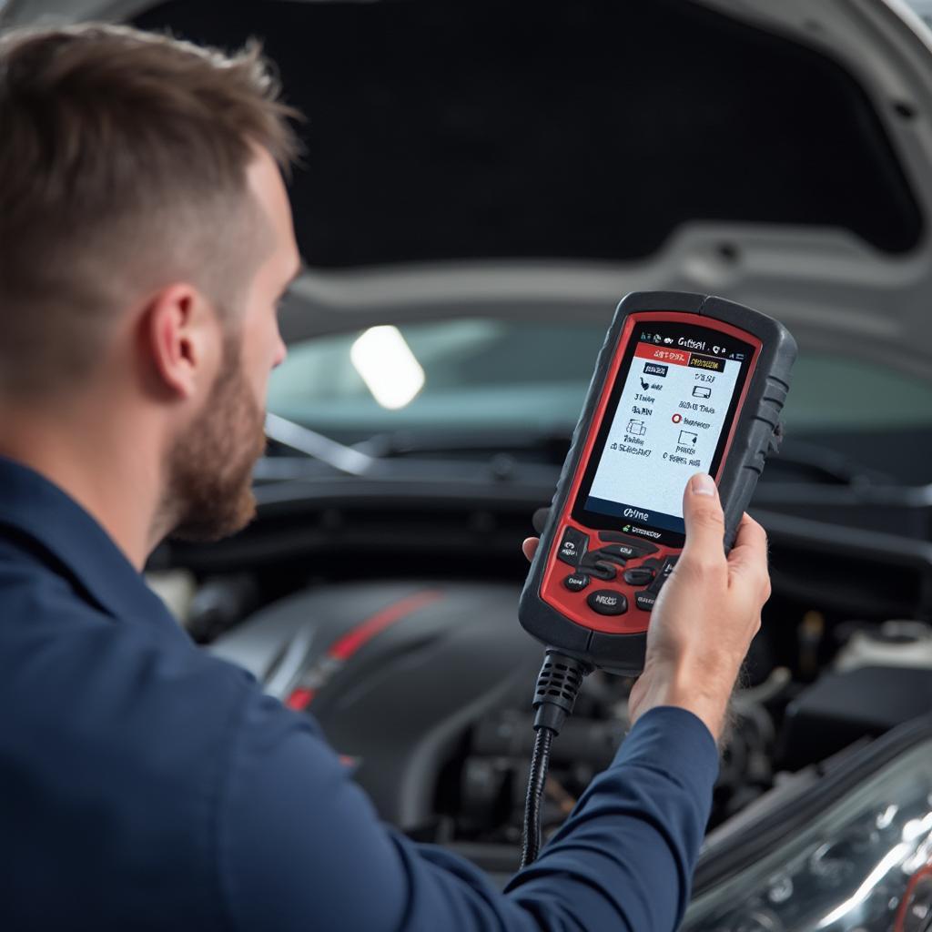 Mechanic using a best wireless obd2 scan tool to diagnose a car engine.