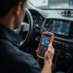 Bi-directional OBD2 scanner connected to a car's OBD2 port, displaying live data on a screen.