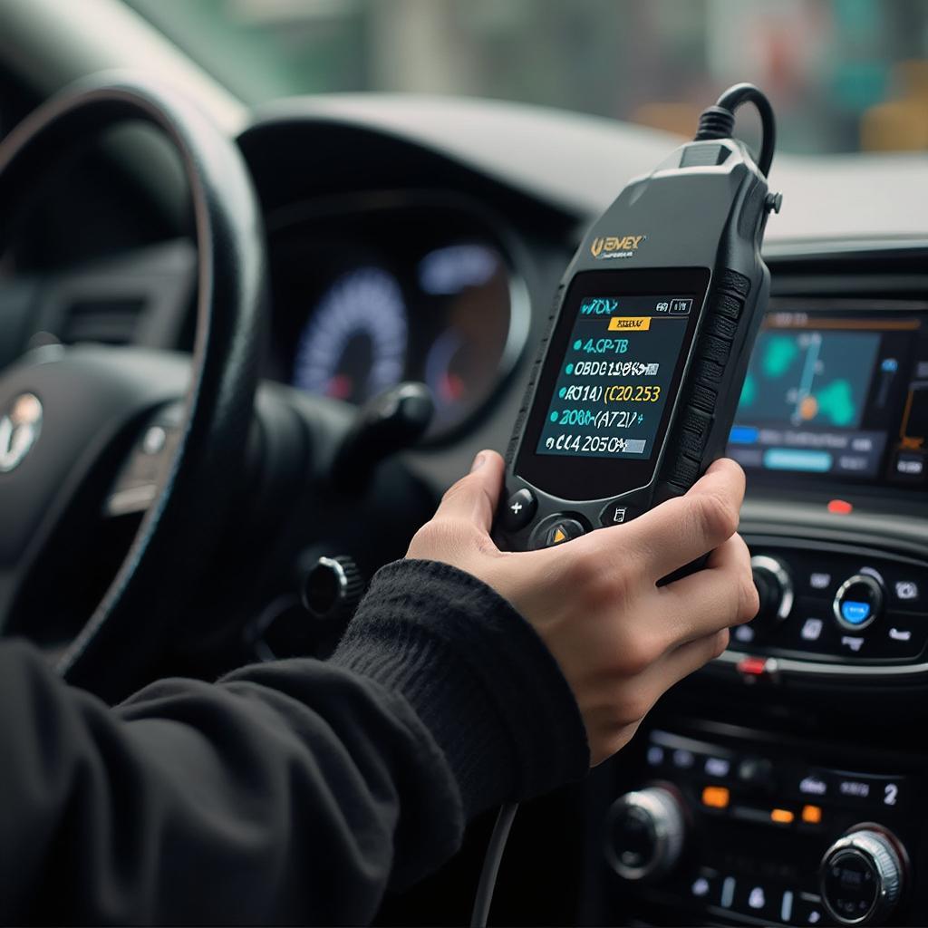 Bidirectional OBD2 scanner plugged into a car's OBD2 port, displaying diagnostic information on its screen.