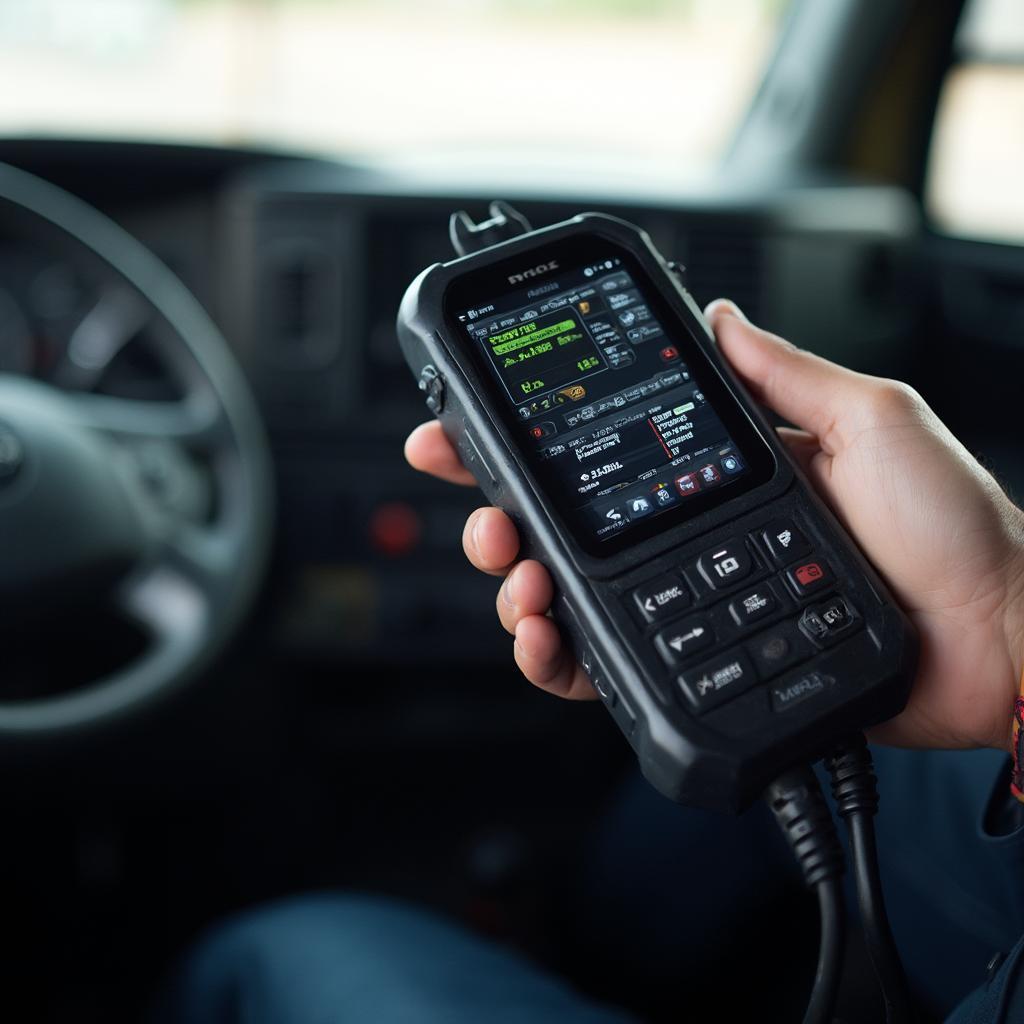 A truck driver using an OBD2 scanner to diagnose a problem in his big rig.